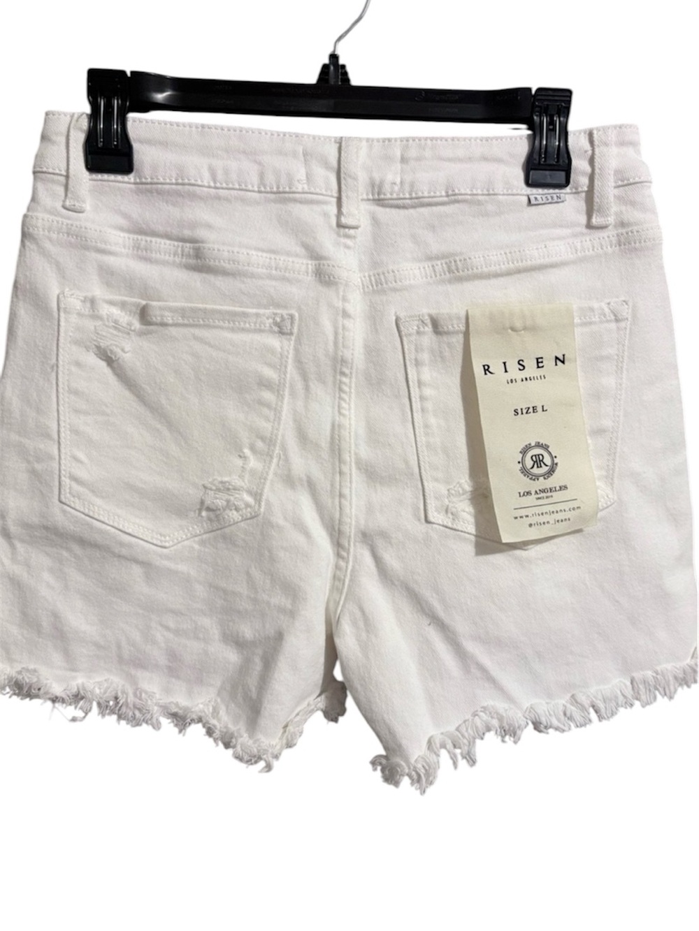 RISEN White Denim Shorts with Silver Chain and Rhinestone Fringe - Picture 6 of 9